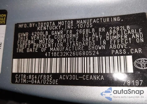 2006 Toyota Camry Le from USA, damaged, VIN 4T1BE32K26U680524